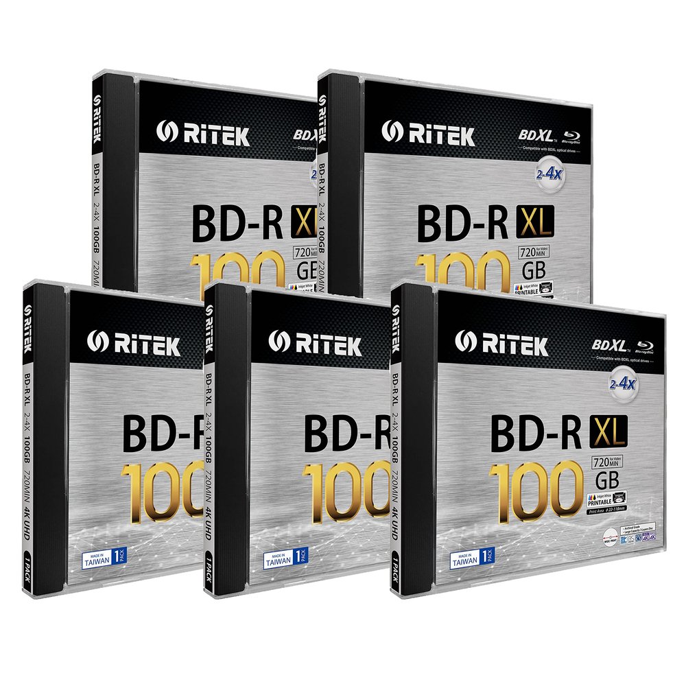 5 Pack Ritek BD-R XL BDXL 100GB Archival Grade Triple Layers 4X White Inkjet Hub Printable Blank Disc w/Standard Jewel Case