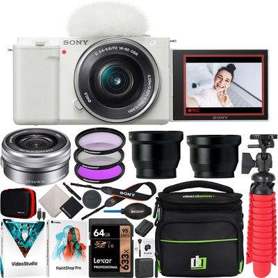 Sony ZV-E10 Mirrorless Alpha APS-C Vlog Camera Body and 16-50mm F3.5-5.6 Zoom Lens ILCZV-E10L/W White Bundle with Deco Gear Case + Filter Set + Wide Angle & Telephoto Lenses + Accessories Kit