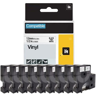 FlyLong 18444 Compatible Label Tapes Replacement for DYMO 18444 Permanent Vinyl 1/2" x 18' Black on White Industrial Tapes Compatible with DYMO Rhino 4200 5200 6000 5000 Label Makers, 9Pack