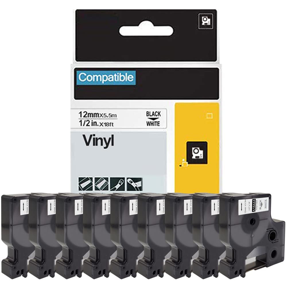 FlyLong 18444 Compatible Label Tapes Replacement for DYMO 18444 Permanent Vinyl 1/2" x 18' Black on White Industrial Tapes Compatible with DYMO Rhino 4200 5200 6000 5000 Label Makers, 9Pack