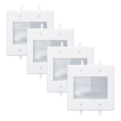 Kebulldola 2 Gang Brush Wall Plate, White 2-Gang Wall Plate with Low Voltage Mounting Bracket for Cable Pass Through (Pack of 4)