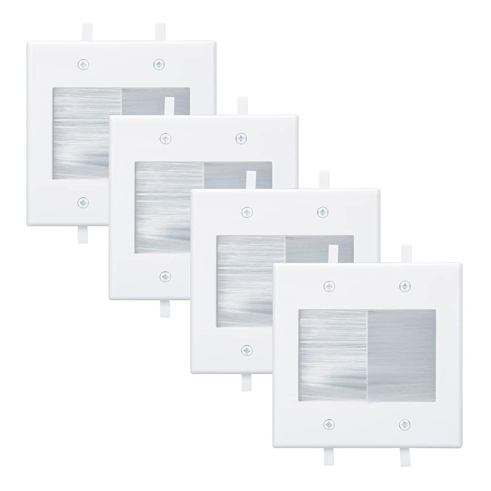 Kebulldola 2 Gang Brush Wall Plate, White 2-Gang Wall Plate with Low Voltage Mounting Bracket for Cable Pass Through (Pack of 4)