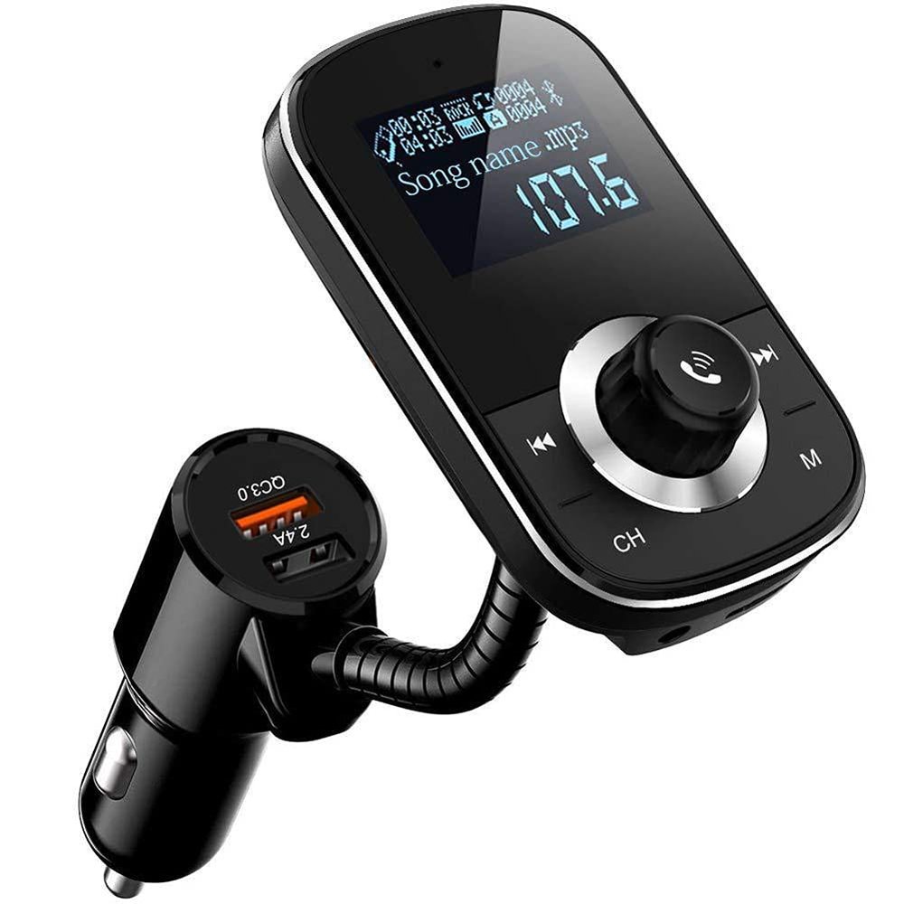 Bluetooth Car Adapter Transmitter FM Audio Receiver, BT 5.0 &QC 3.0 Wireless FM Transmitter with LED Backlit Hands-Free Calling 2 USB Ports Hi-Fi Music