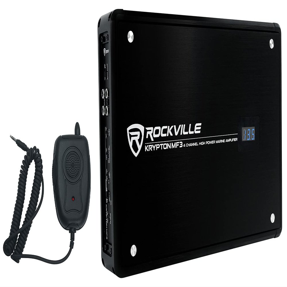 Rockville Krypton MF3 1600w Peak/400w RMS 4 Channel Marine Amplifier, PA Mic w/Talkover, Digital Voltage Display, Adjustable Crossover, Weather Resistant, for Boats & Marine Audio