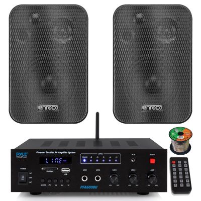 Pyle PFA600BU Compact Bluetooth USB AUX FM Radio Public Address Amplifier Receiver System Combo Bundle with 2X 4 30 Watts Max Power 3-Way in Door/Out Door Black Box Speakers, 16 Gauge Speaker Wire