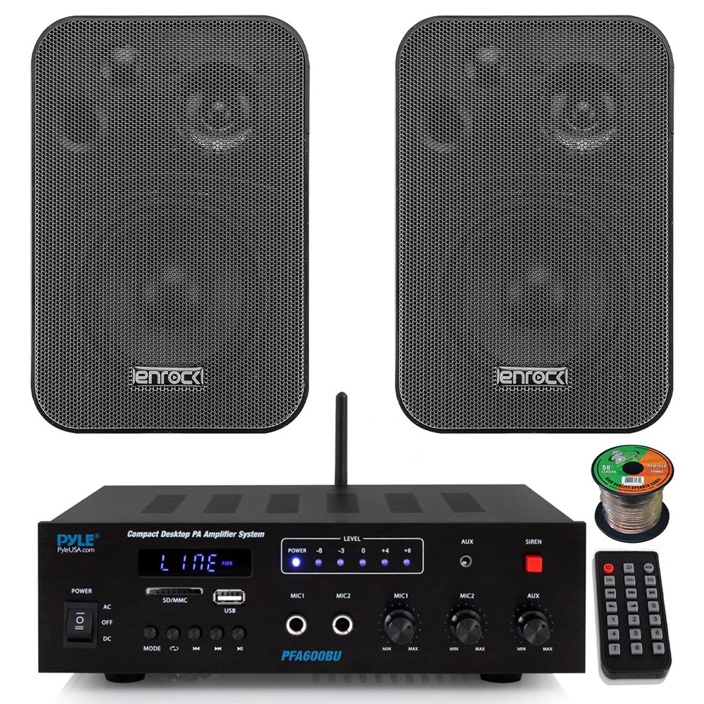 Pyle PFA600BU Compact Bluetooth USB AUX FM Radio Public Address Amplifier Receiver System Combo Bundle with 2X 4 30 Watts Max Power 3-Way in Door/Out Door Black Box Speakers, 16 Gauge Speaker Wire