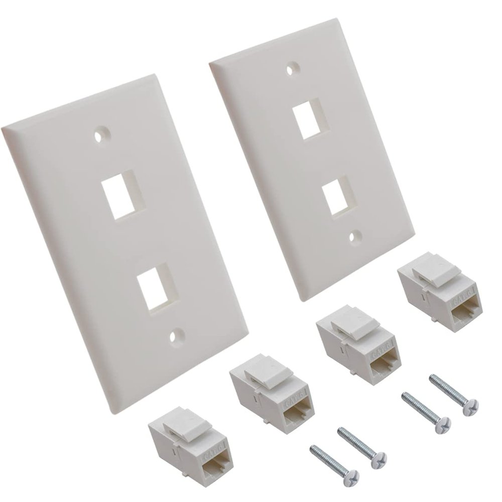 2 Packs Ethernet Wall Plates -Single Gang 2 Ports RJ45 Cat6 Keystone Jack Female-to-Female, Trapezoidal Inline Coupler, Standard Size, White