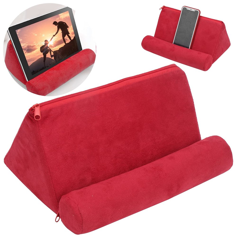 Soft Phone Tablet Holder, Lightweight Pillow Tablet Stand Books Smartphones Magazines Stand Holder for Bed Suede Fabric Multifunctional Design for Bed, Armrests, Carpet, Red