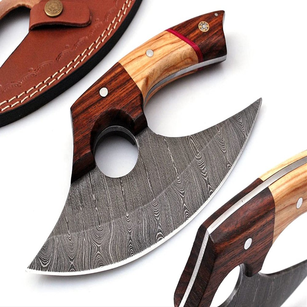 Bushcraft Custom Handmade Damascus Steel Ulu Knife - Alaskan Ulu Knife With Sheath - Multi-Purpose Alloy Steel Knife For Skinning, Hunting, Chopping, (Rose Wood & Olive)
