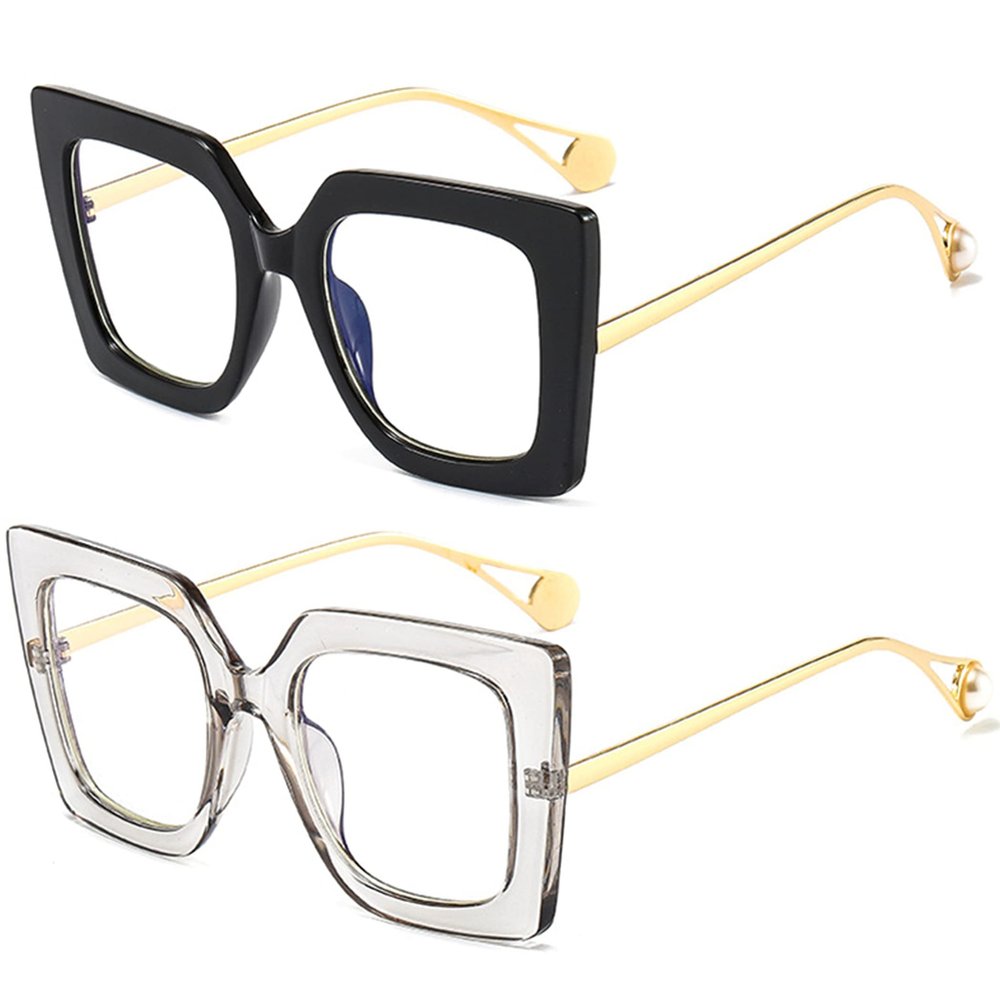 bullabulling Oversized Square Blue Light Blocking Glasses Eye Strain Glare Pearl Inlay Arm Cat Eye Fashion Eyewear (Black/gray, 4.50)