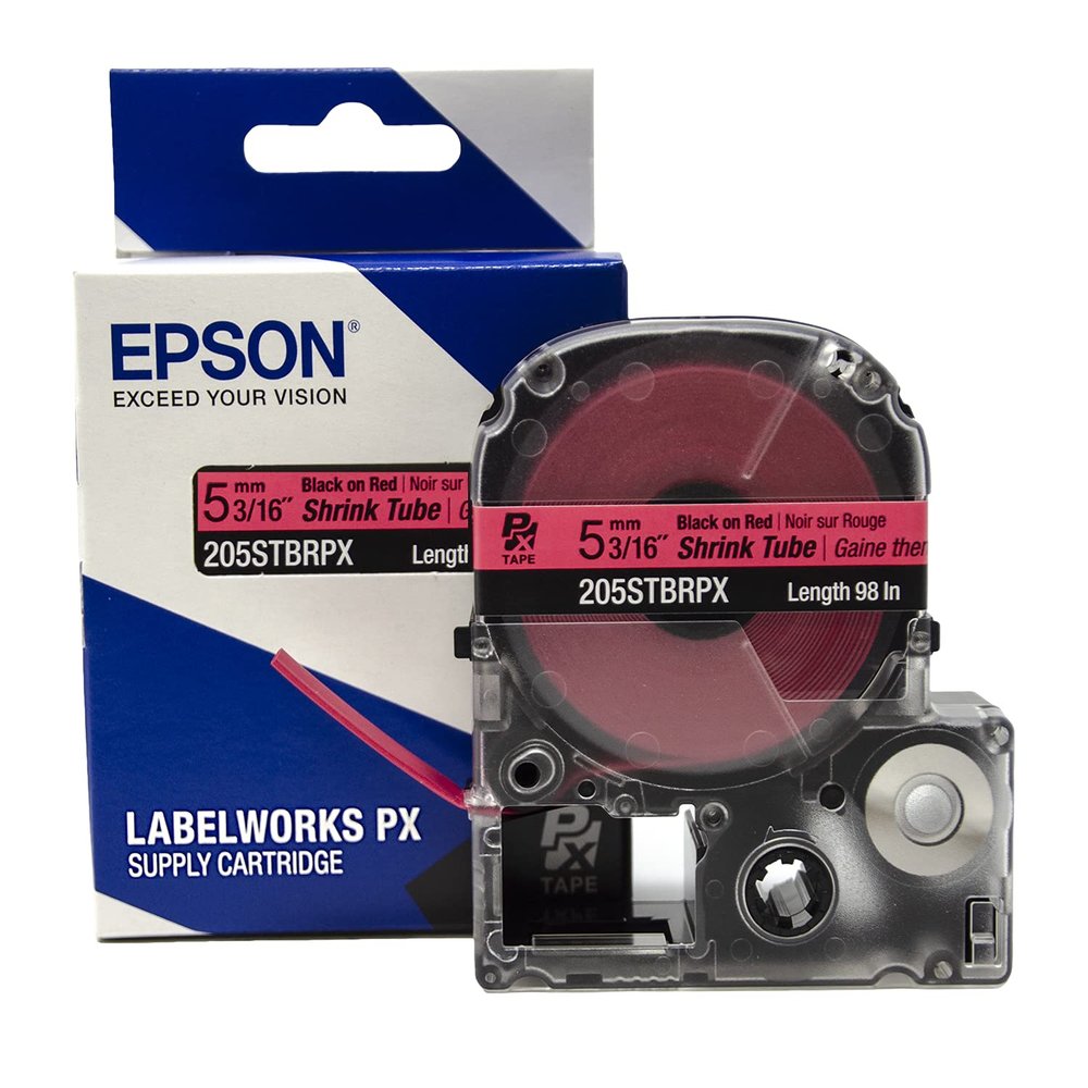 Epson LABELWORKS 205STBRPX Genuine Shrink Tube AWG 8-12 Black on Red Shrink Tube - 3/16" (5MM) Wide, 96"