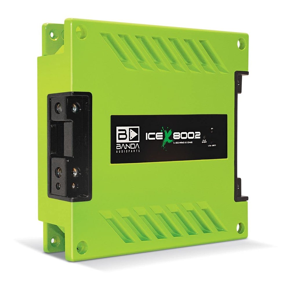 1-Channel Vehicle Audio Bass Amplifier - High-Powered Mono Bass Amplifier w/Subsonic Filter and Low Pass Filter Stable at 2 ohms, LED Indicators, Sound Specialization, Green - BANDA ICEX800.2GREEN