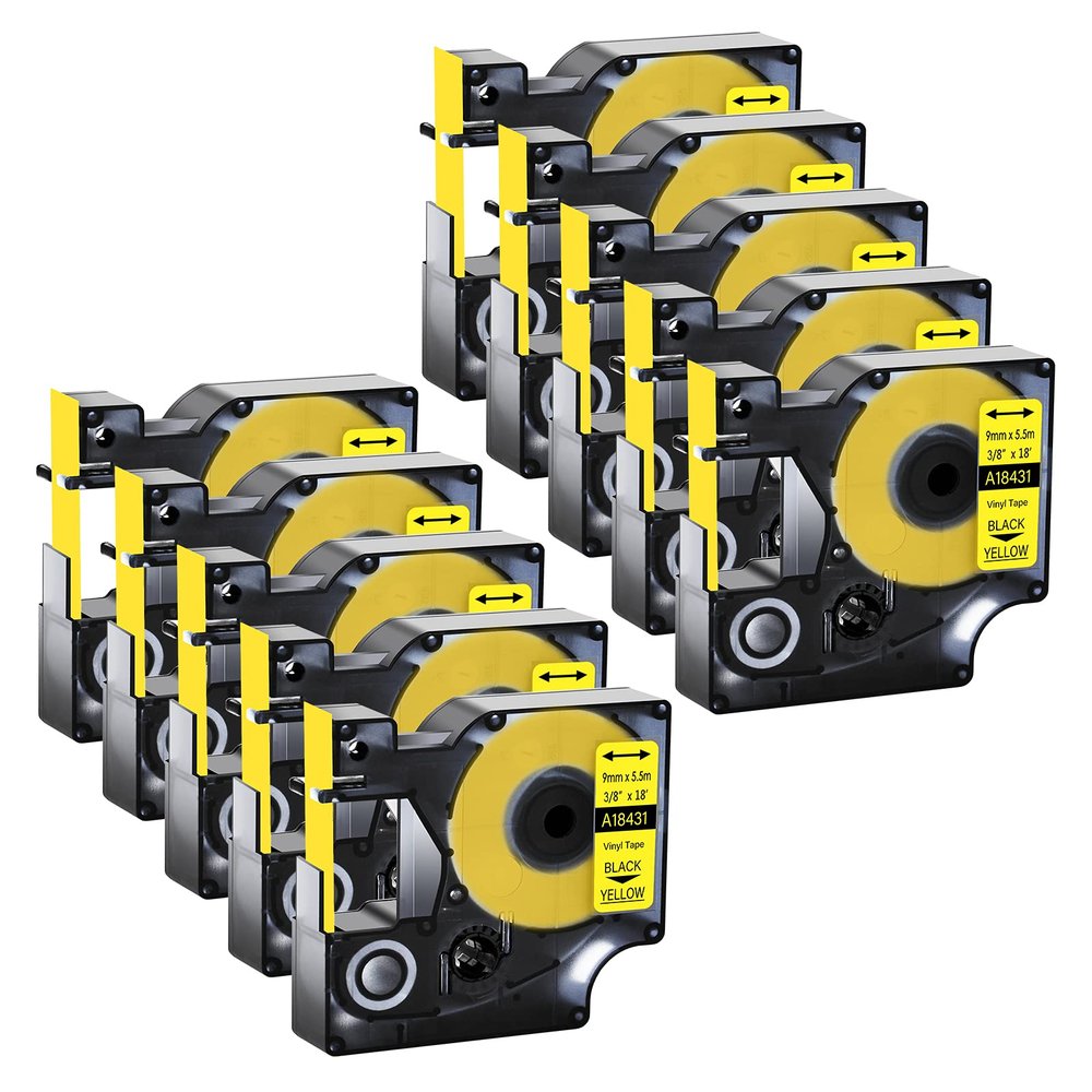 GREENCYCLE Industrial Permanent Vinyl Labels 18431 3/8" (9mm) x 18ft (5.5m) Compatible for DYMO Rhino 5200 4200 3000 5000 6000 PRO1000,LabelWriter 450 Duo (Black on Yellow, 10 Pack)