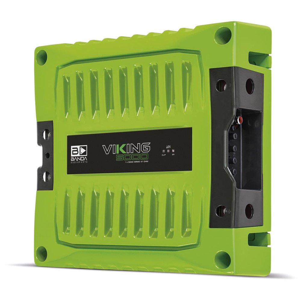 1-Channel Vehicle Audio Bass Amplifier - High-Powered Mono Bass Amplifier w/Subsonic Filter and Low Pass Filter Stable at 1 ohm, LED Indicators, Sound Specialization, Green - BANDA VIKING5000.1GREE