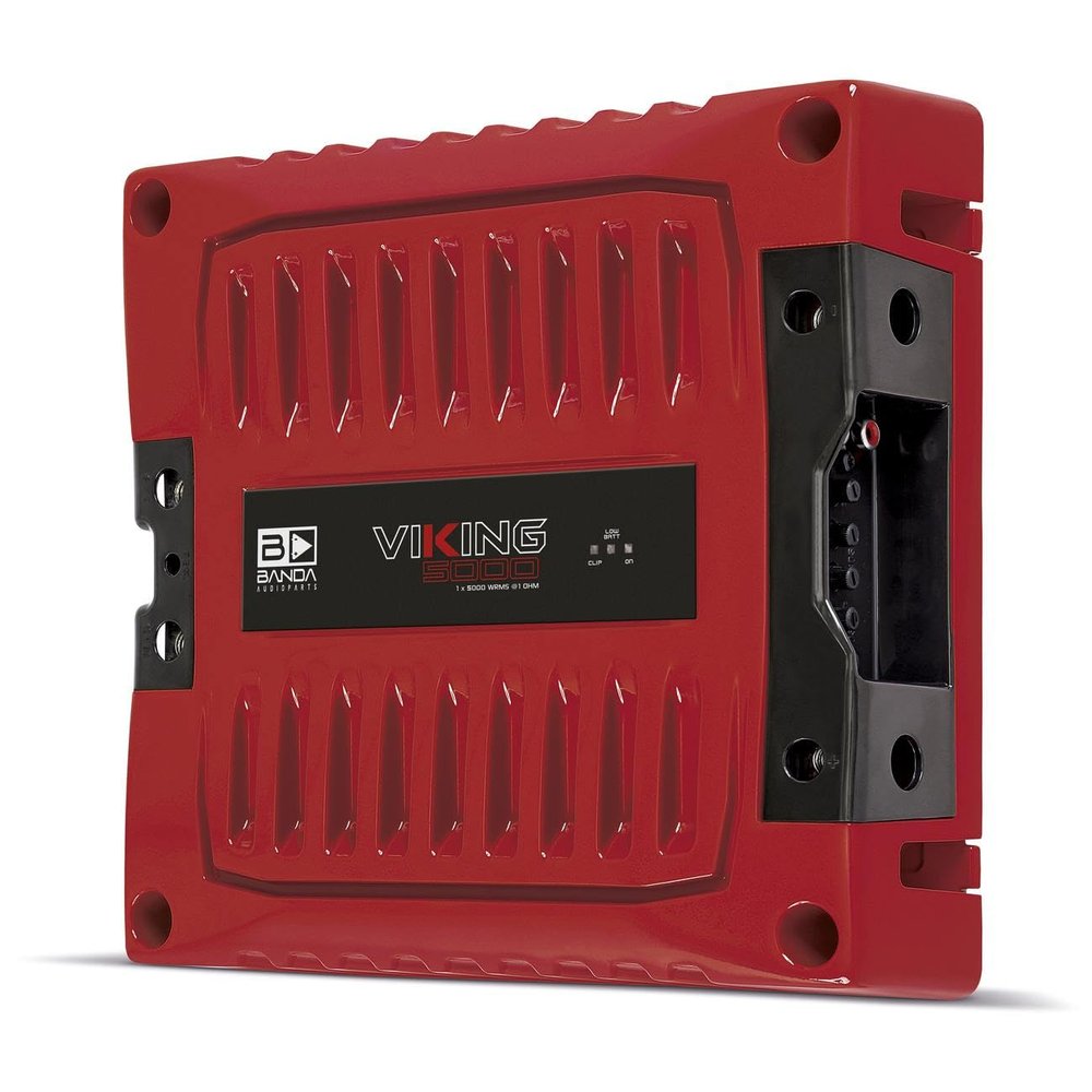 1-Channel Vehicle Audio Bass Amplifier - High-Powered Mono Bass Amplifier w/Subsonic Filter and Low Pass Filter Stable at 1 ohm, LED Indicators, Sound Specialization, Red- BANDA VIKING5000.1RED
