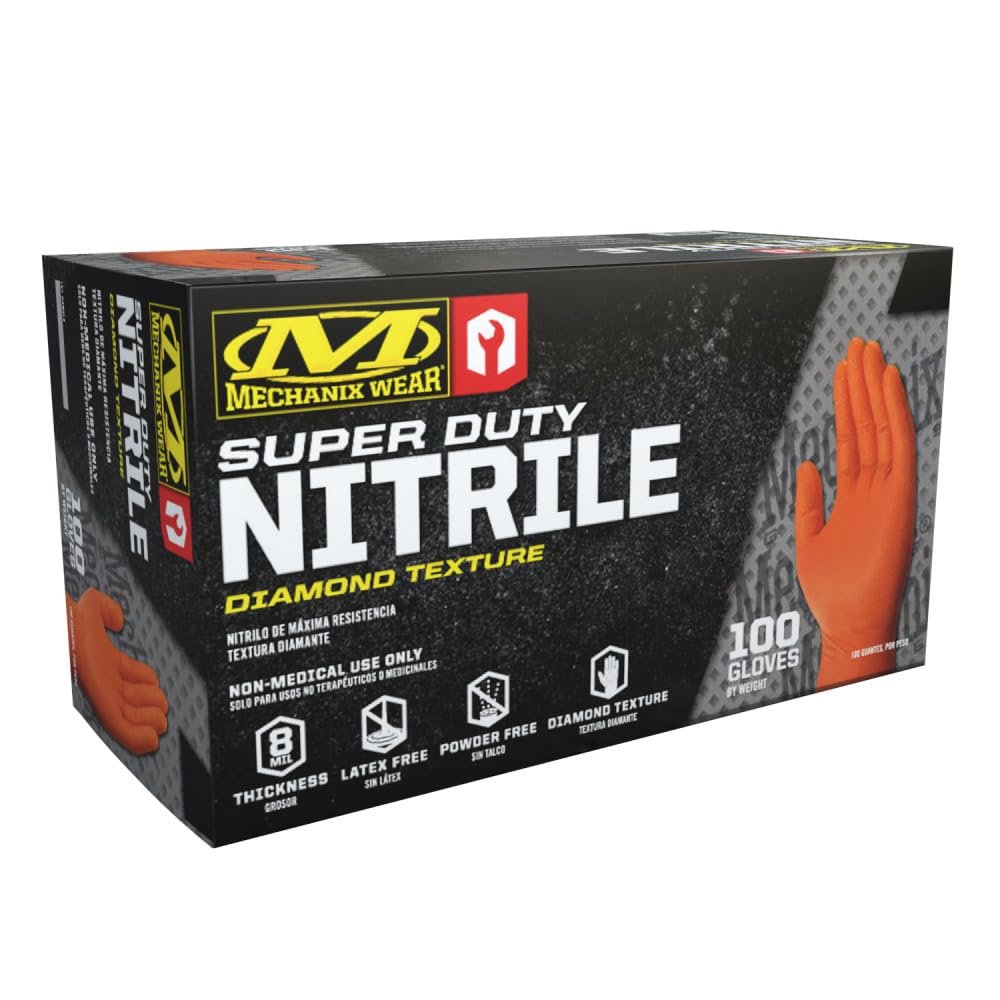 Mechanix Wear: 8 Mil Heavy Duty Nitrile Disposable Gloves, Latex Free, Powder Free, Nitrile Rubber Gloves with Textured Grip, 100 pack, Cleaning and Mechanic Work Gloves (Orange 8 mil, X-Large)