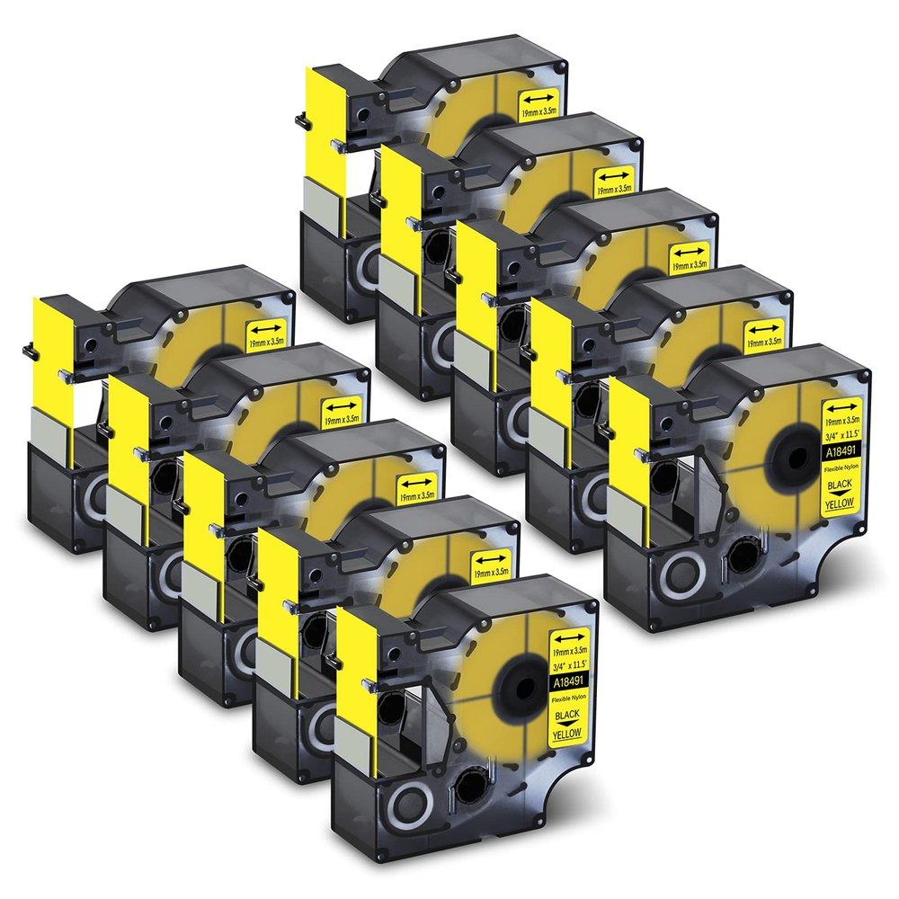 GREENCYCLE Industrial Flexible Nylon Labels 18491 3/4" (19mm) x 11.5ft (3.5m) Compatible for DYMO Rhino IND Label Makers 4200,5000,5200,6000,6500 Label Makers (Black on Yellow, 10 Pack)