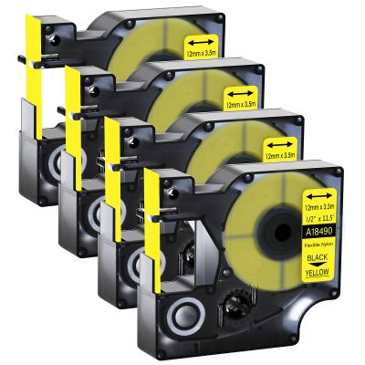 GREENCYCLE Industrial Flexible Nylon Labels 18490 1/2" (12mm) x 11.5ft (3.5m) Compatible for DYMO Rhino PRO 1000, 5200 4200 3000 5000 6000, LabelWriter 450 Duo Label Makers (Black on Yellow, 4 Pack)
