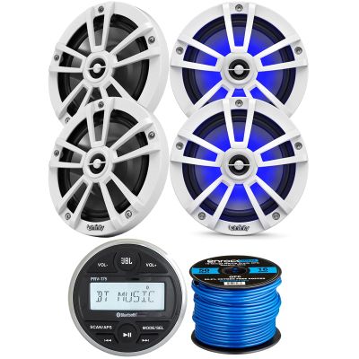 JBL PRV-175 Marine Gauge Hole Mount USB Bluetooth AM/FM Digital Stereo Receiver, 4x 6.5" 225 Watt Max Power Waterproof White Powersports LED Speakers, 16 Gauge Speaker Wire - OEM Replacement