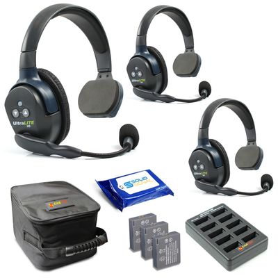 Eartec UL3S Ultralite Full Duplex Wireless Headset Communication for 3 Users - 3 Single Ear Headsets, SolidSignal Cleaning Wipes Bundle