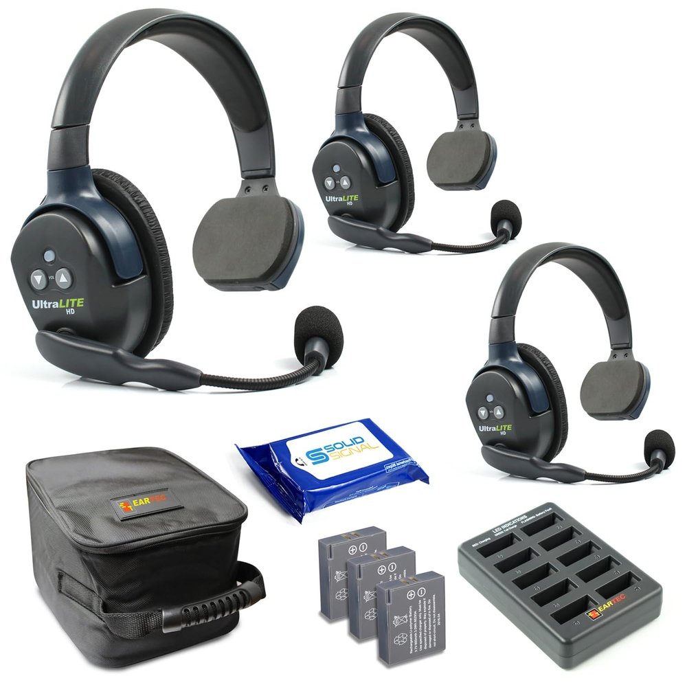 Eartec UL3S Ultralite Full Duplex Wireless Headset Communication for 3 Users - 3 Single Ear Headsets, SolidSignal Cleaning Wipes Bundle