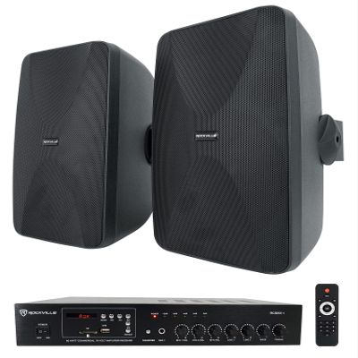 Rockville Restaurant Bundle: (2) WET-6525B Black 6.5" 70V Commercial Wall Speakers, IP55 Outdoor Rating, RCS80-1 60-Watt 70V Bluetooth Amplifier, 3-Items