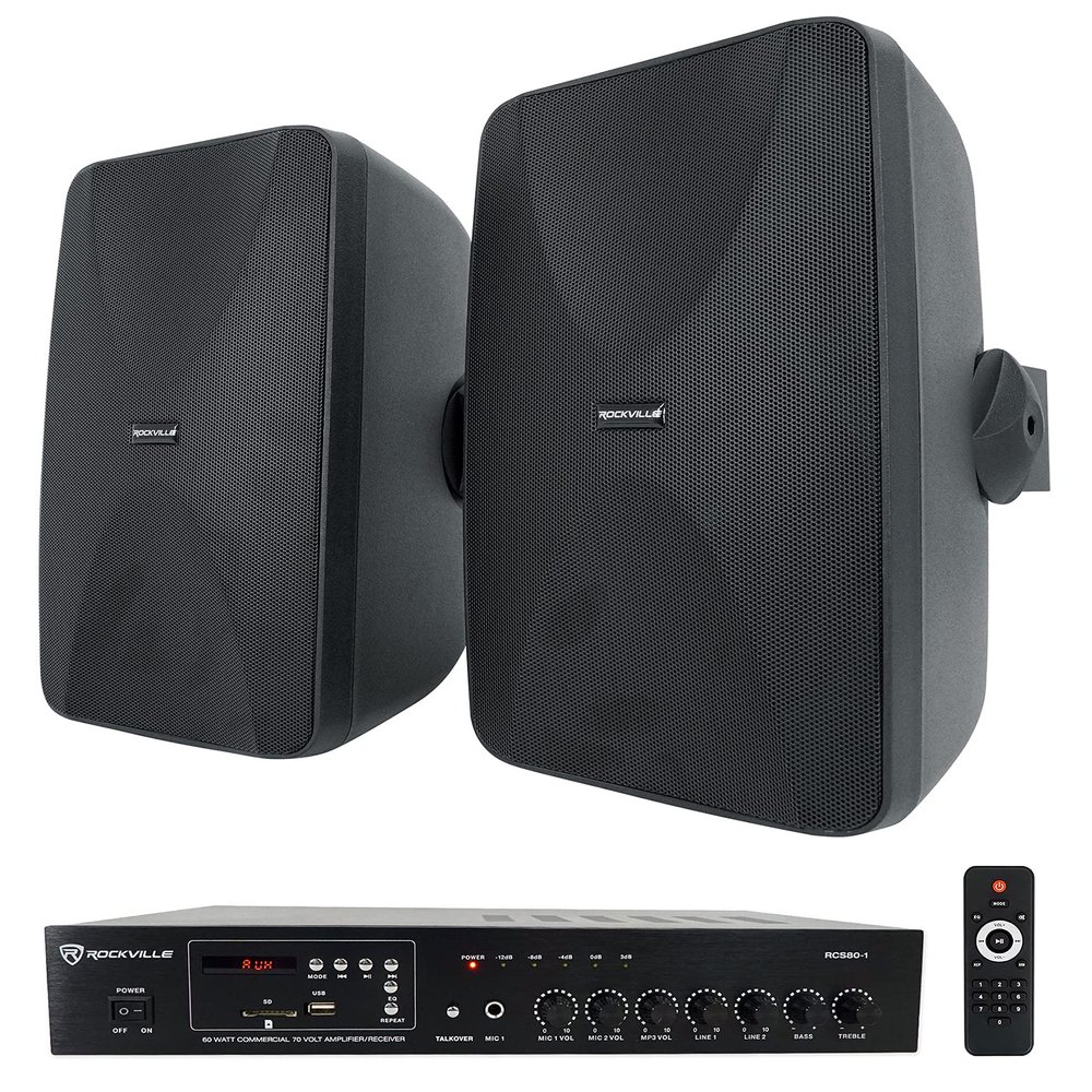 Rockville Restaurant Bundle: (2) WET-6525B Black 6.5" 70V Commercial Wall Speakers, IP55 Outdoor Rating, RCS80-1 60-Watt 70V Bluetooth Amplifier, 3-Items