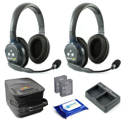 Eartec UL2D Ultralite Full Duplex Wireless Headset Communication for 2 Users - 2 Dual Ear Headsets with SolidSignal Cleaning Wipes Bundle