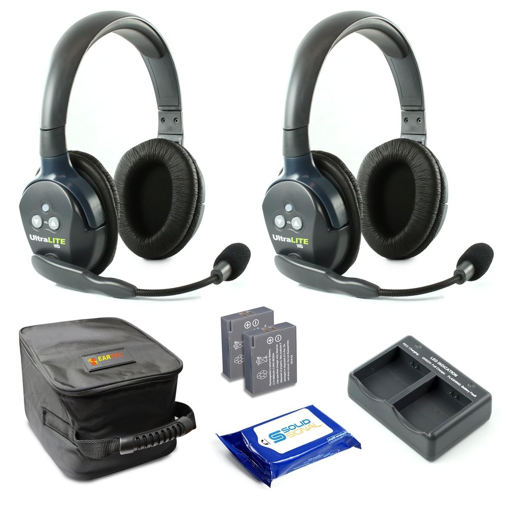 Eartec UL2D Ultralite Full Duplex Wireless Headset Communication for 2 Users - 2 Dual Ear Headsets with SolidSignal Cleaning Wipes Bundle