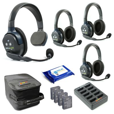 Eartec UL413 Ultralite Full Duplex Wireless Headset Communication for 4 Users - 1 Single Ear and 3 Dual Ear Headsets with SolidSignal Cleaning Wipes Bundle