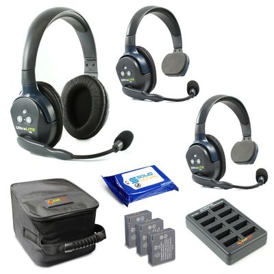 Eartec UL321 Ultralite Full Duplex Wireless Headset Communication for 3 Users - 2 Single Ear and 1 Dual Ear Headsets with SolidSignal Cleaning Wipes Bundle
