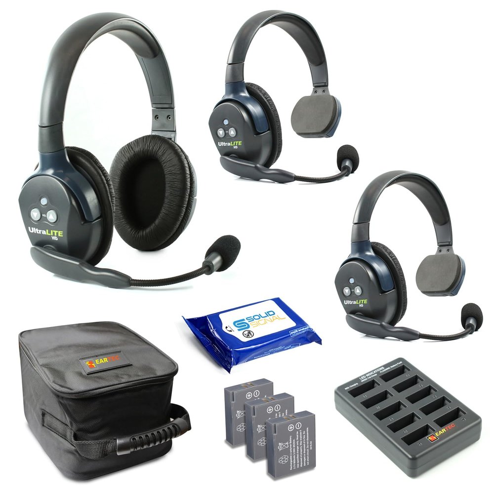 Eartec UL321 Ultralite Full Duplex Wireless Headset Communication for 3 Users - 2 Single Ear and 1 Dual Ear Headsets with SolidSignal Cleaning Wipes Bundle