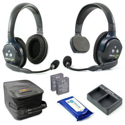 Eartec UL2SD Ultralite Full Duplex Wireless Headset Communication for 2 Users - 1 Single Ear and 1 Dual Ear Headsets with SolidSignal Cleaning Wipes Bundle