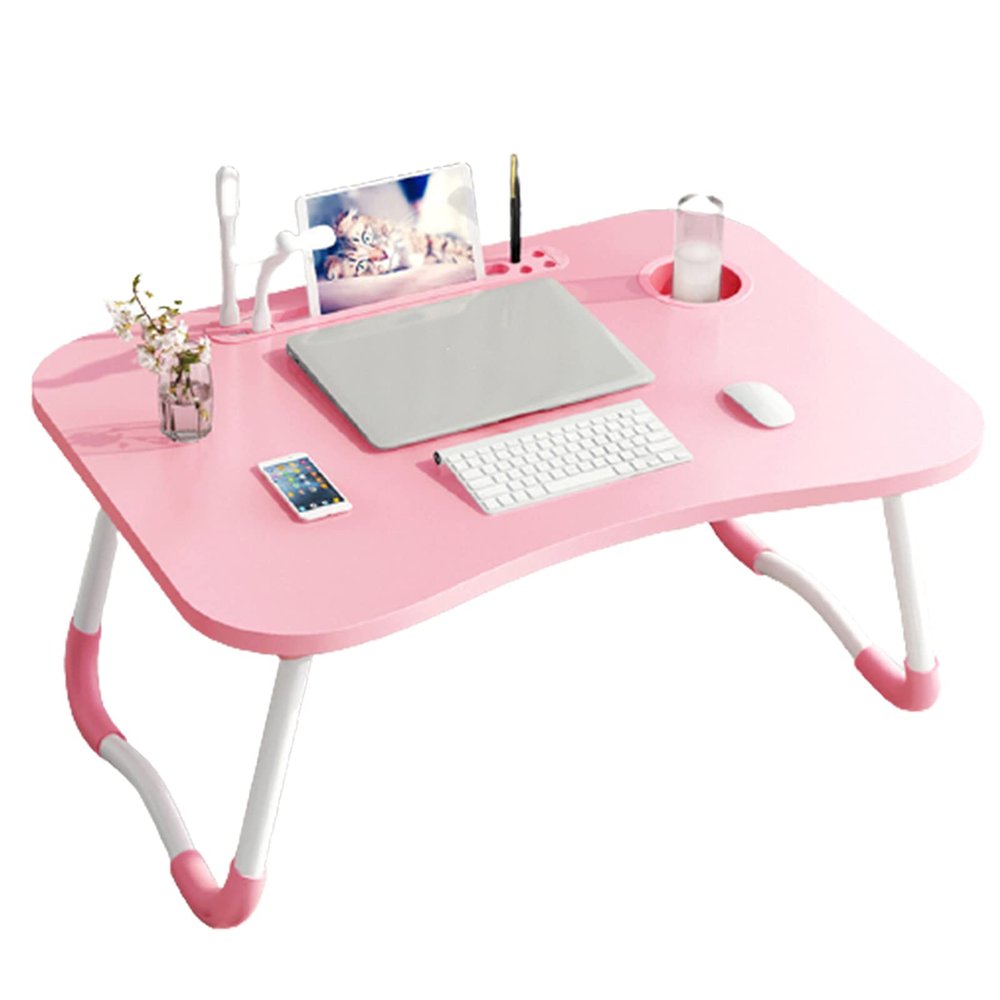 HB1 Home Folding Laptop Desk for Bed & Sofa Lightweight and Portable Lap Desk for Study and Reading Bed Top Tray Table Top Drawer Outdoor Camping,Pink