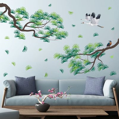 4 Sheets Green Pine Branches Wall Decals White Crane Wall Stickers DIY Removable Natural Plants Home Art Decoration for Baby Kids Girls Bedroom Living Room Office TV Sofa Background Nursery Classroom