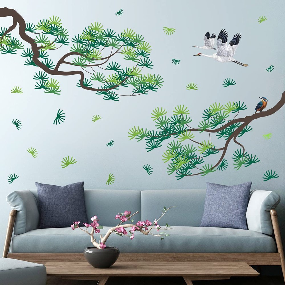 4 Sheets Green Pine Branches Wall Decals White Crane Wall Stickers DIY Removable Natural Plants Home Art Decoration for Baby Kids Girls Bedroom Living Room Office TV Sofa Background Nursery Classroom