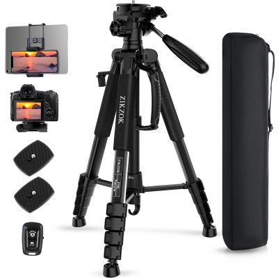 75" Camera Tripod, Aluminum Heavy Duty Camera Stand for ipad Phone, Travel Tripod with/Carry Bag/Phone Tablet Holder, Compatible with Canon Nikon Sony DSLR, Spotting Scopes, Max Load 15 Lb(Black)