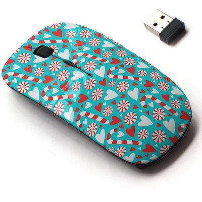 2.4G Wireless Mouse with Cute Pattern Design for All Laptops and Desktops with Nano Receiver - Cartoon Style Teal Candy Cane