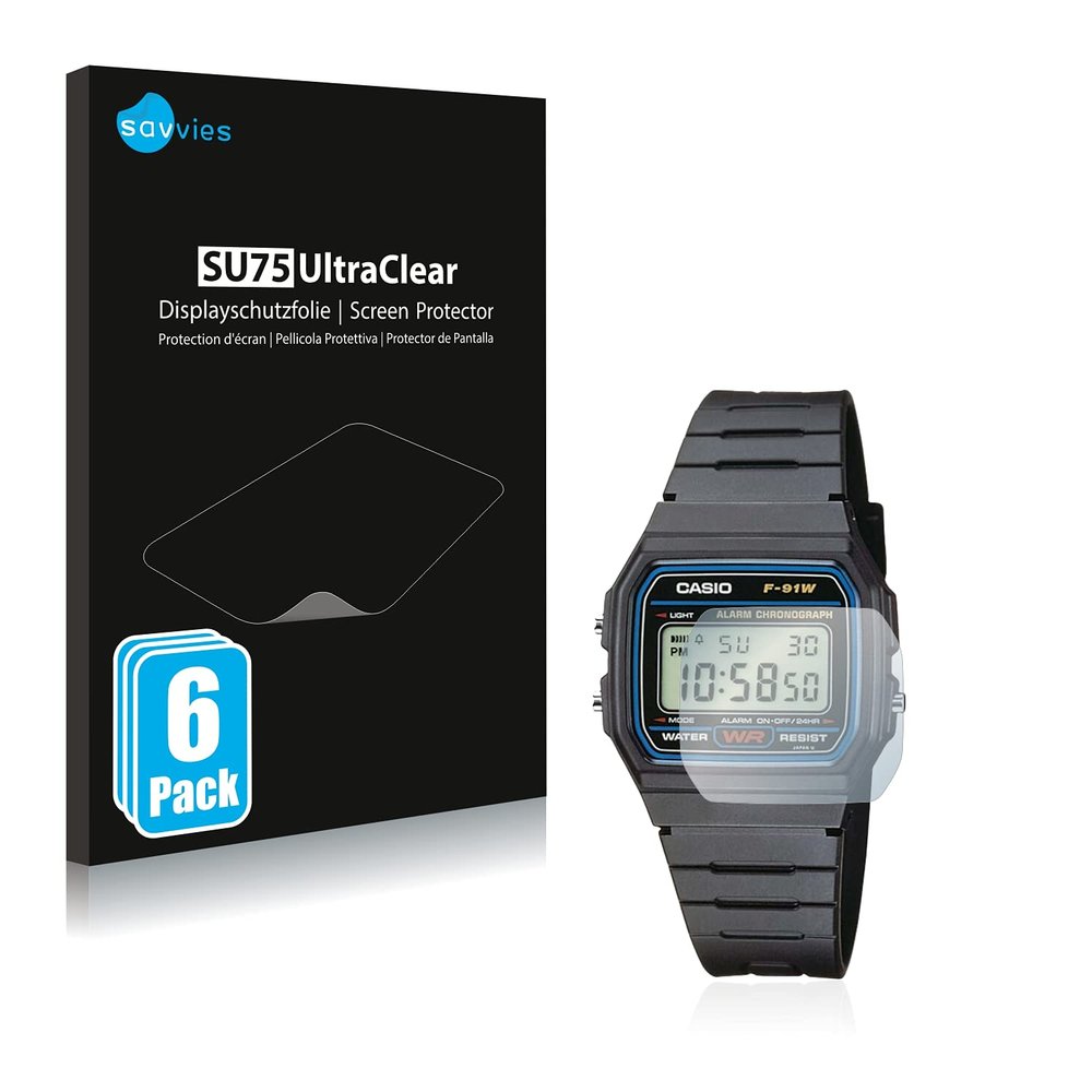 Bedifol 6X Savvies Ultra-Clear Screen Protector for Casio Collection Unisex F-91W, accurately Fitting - Simple Assembly - Residue-Free Removal
