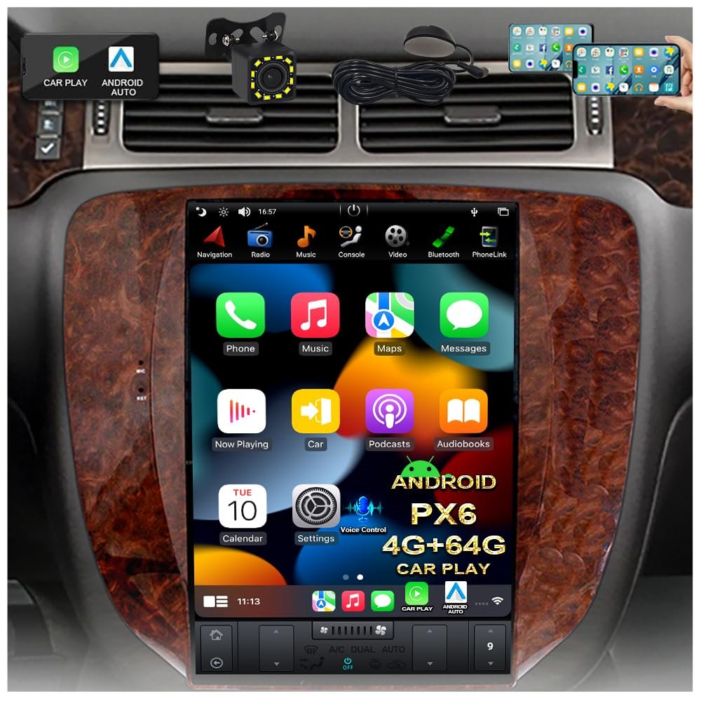 12.1 inch Vertical Screen Car Stereo Radio GPS Navigation for GMC Yukon Sierra Chevrolet Tahoe Suburban Android 4G+64G Car Play Auto (PX6 Hexa core 4G+64G+Car Play+Android Auto+Voice Control)