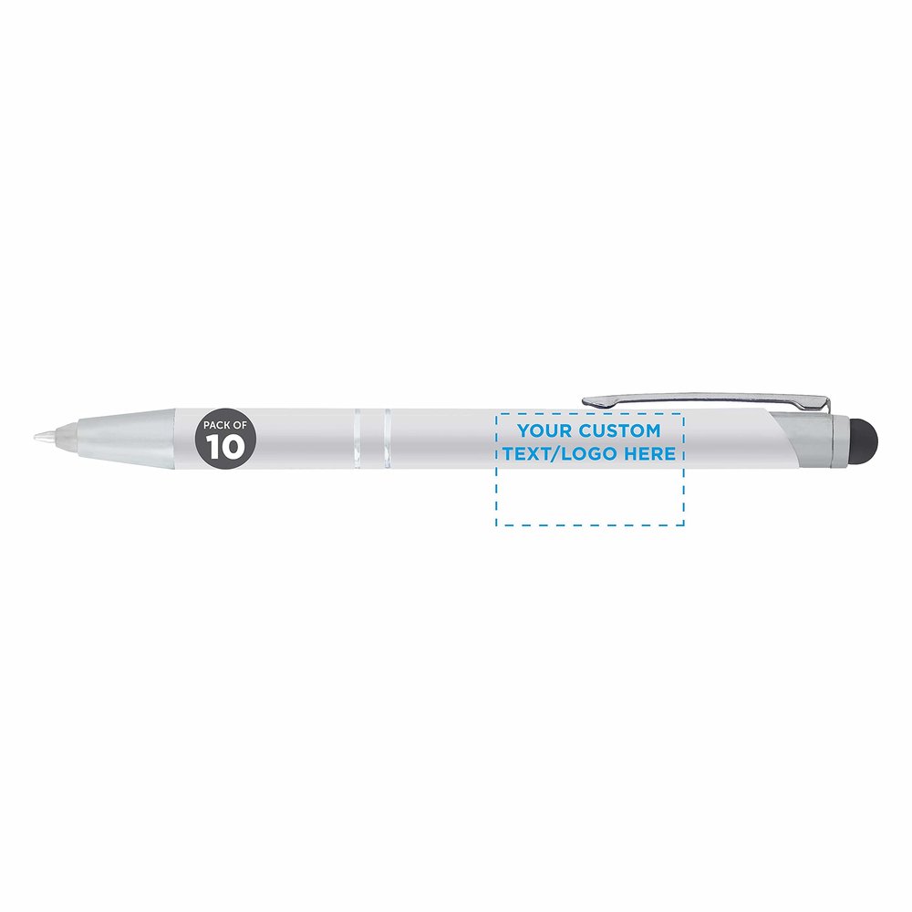 DISCOUNT PROMOS 10 Night Rite Stylus Metal Pens Pack - Customizable Text, Logo - LED, Twist Action, Black Ink - Silver
