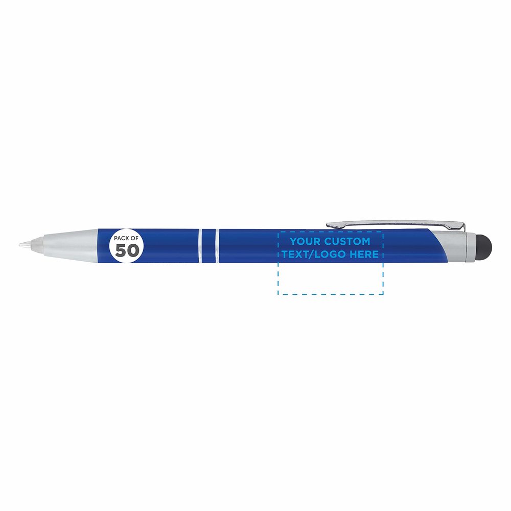 DISCOUNT PROMOS 50 Night Rite Stylus Metal Pens Pack - Customizable Text, Logo - LED, Twist Action, Black Ink - Blue