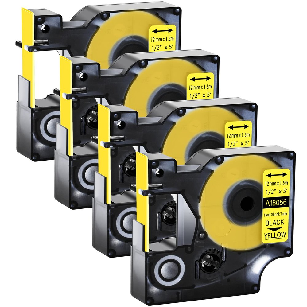 GREENCYCLE Compatible for Dymo 18056 Heat Shrink Tubes Industrial Label Tape 1/2-Inch (12 mm) x 5 ft (1.5m) for use with DYMO Rhino 5200 4200 3000 5000 6000 Label Makers, (Black on Yellow, 4 Pack)