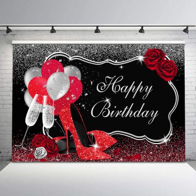 Avezano Red and Silver Birthday Backdrop Balloons Glitter Dots Rose Flowers Champagne Birthday Background Girls Sweet 16 Women 30th 40th 50th 60th Birthday Party Decorations (10x8, red & Silver)