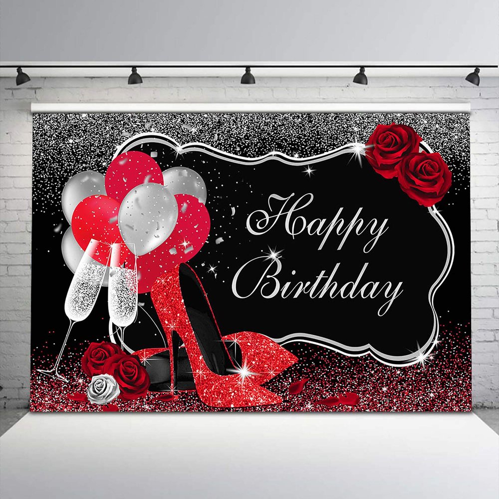 Avezano Red and Silver Birthday Backdrop Balloons Glitter Dots Rose Flowers Champagne Birthday Background Girls Sweet 16 Women 30th 40th 50th 60th Birthday Party Decorations (10x8, red & Silver)