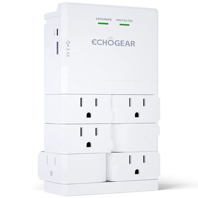 ECHOGEAR Wall Outlet with USB Ports & Surge Protection - Power Protect 8 Devices 6 Rotating AC Plugs 2 Includes 1x USB-C Port USB-A White