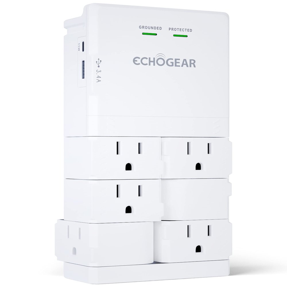 ECHOGEAR Wall Outlet with USB Ports & Surge Protection - Power Protect 8 Devices 6 Rotating AC Plugs 2 Includes 1x USB-C Port USB-A White