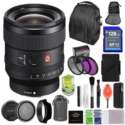 Sony FE 24mm F1.4 GM Camera Lens Bundle with 3pc Filter Kit, 128GB SDXC Card, Backpack, Camera Bubble Level, Memory Card Case, Lens Pen + More | 24mm Sony Lens (USA Authorized - Manufacturer Warranty)