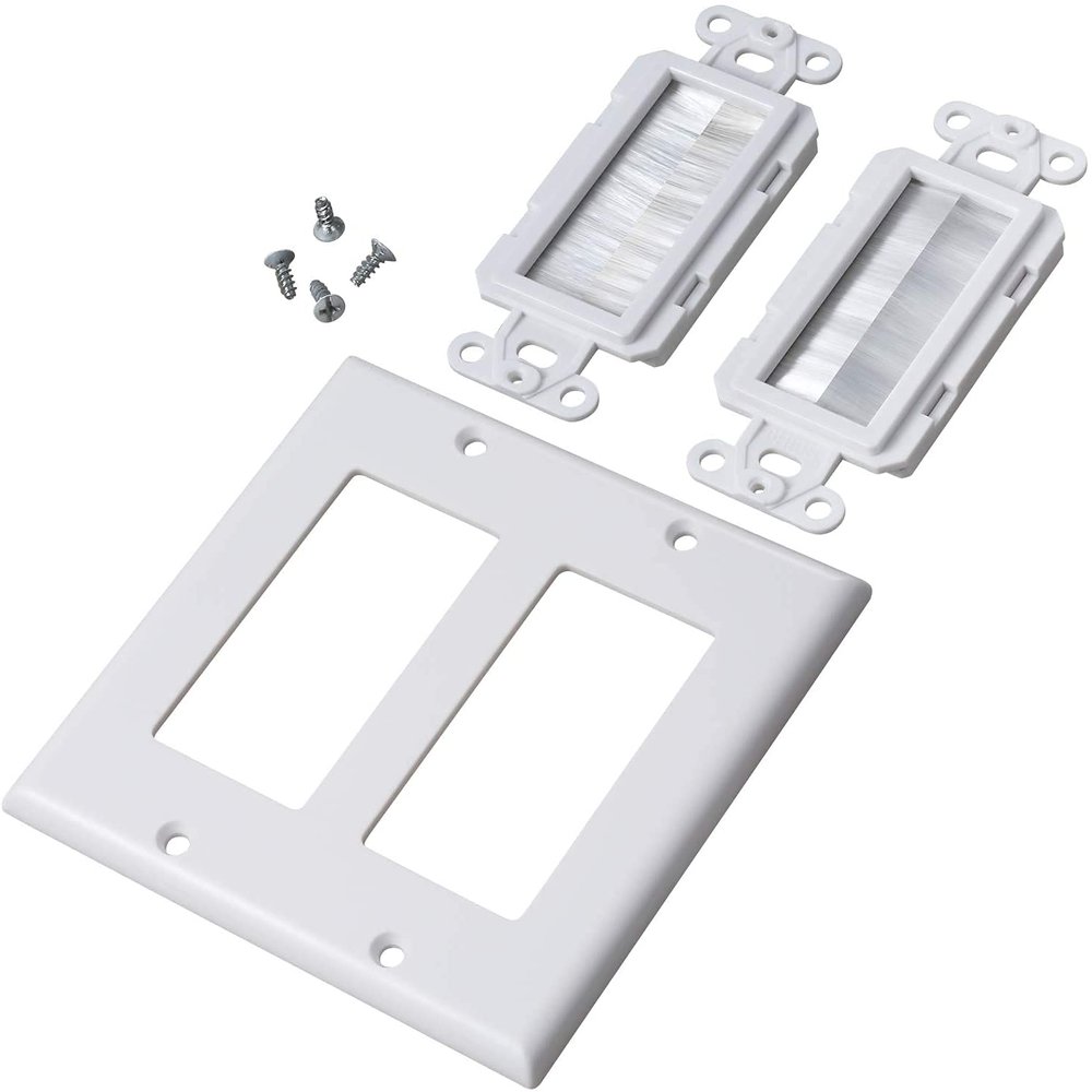 2 Gang Brush Wall Plate White Double Gang 2 outlet Cable Management for TV Cables Coax, HDMI, Ethernet Cables, Speaker Wires, low voltage Universal Pass Through