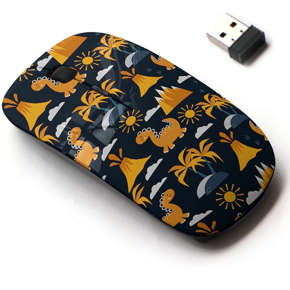 2.4G Wireless Mouse with Cute Pattern Design for All Laptops and Desktops with Nano Receiver - Childish Yellow Dinosaurs